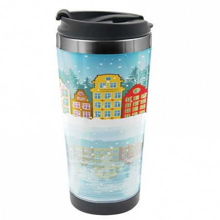 

Winter Travel Mug Christmas Houses Sea Steel Thermal Cup 16 oz by Ambesonne