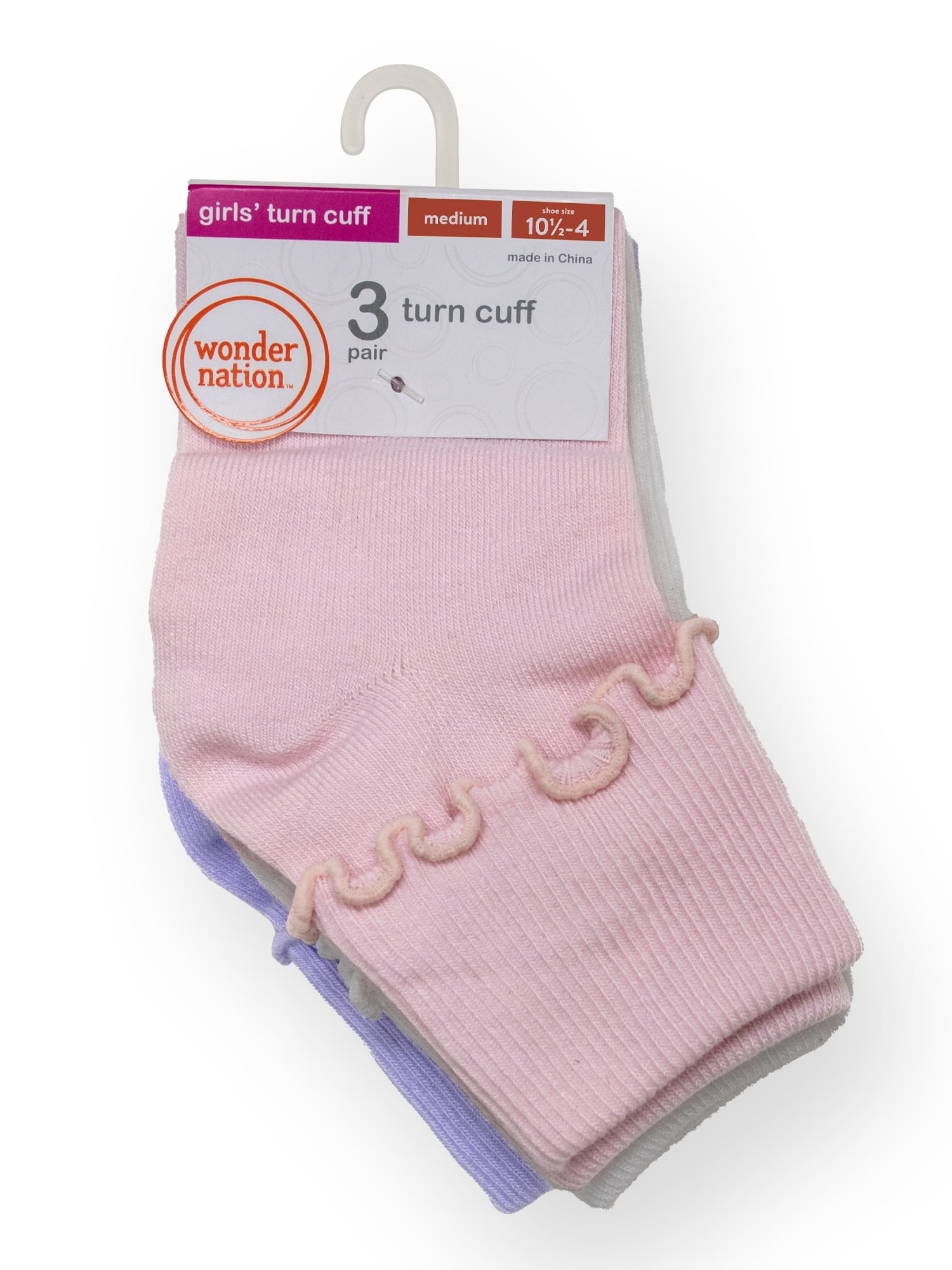 Wonder Nation Girls Turn Cuff Ruffle Socks, 3-Pack, Sizes S-L