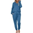 thumbnail image 3 of Feancey Womens Pajama Sets Waffle Knit 2 Piece Lounge Set Fall Long Sleeve V Neck Top and Jogger Pant Loungewear Outfits Cozy Soft Sleepwear Two Piece Blue M, 3 of 9