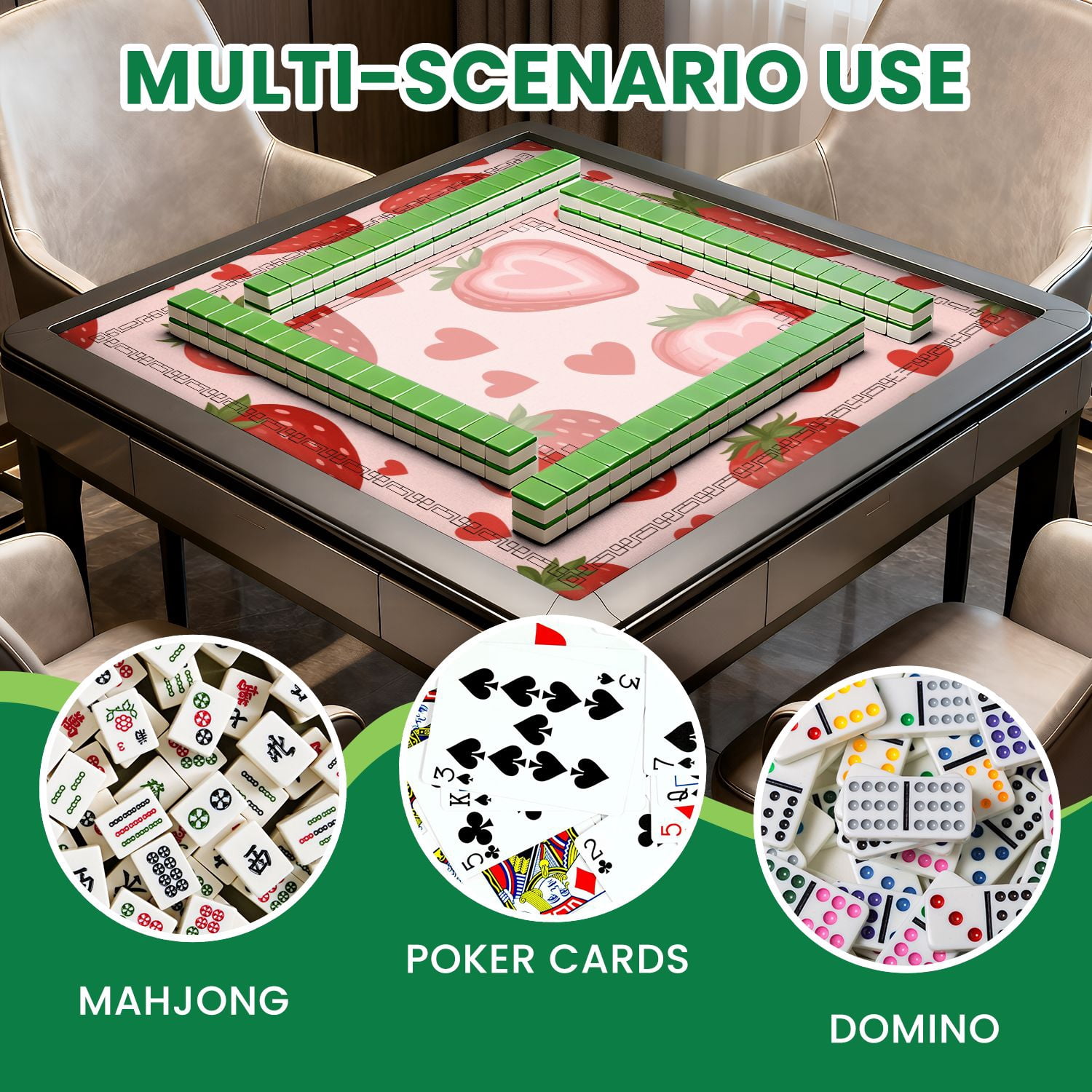 Mahjong Mat 31.5" x 31.5" Strawberry Heart Pastel Pink Non-Slip Noise Reduction American Mahjong Tiles Table Cover for Dominoes Poker Card Board Games Gift