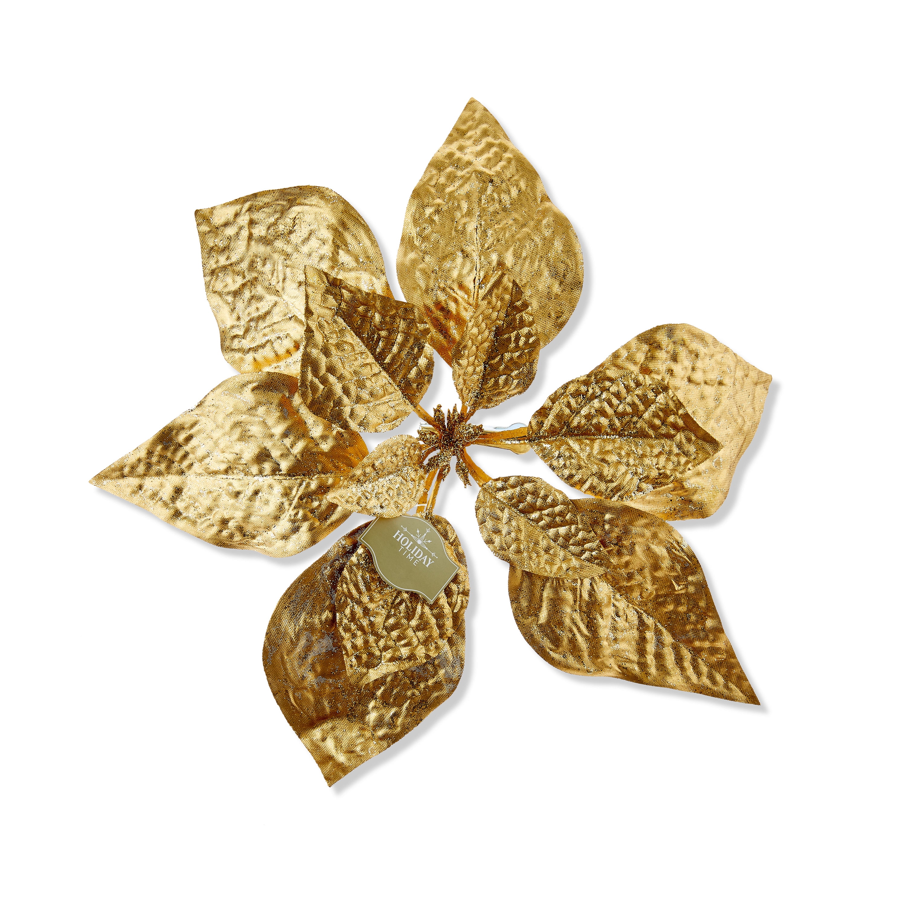 Gold Poinsettia Christmas Clip Ornament, Polyester, 11 in, 0.43 oz, by Holiday Time