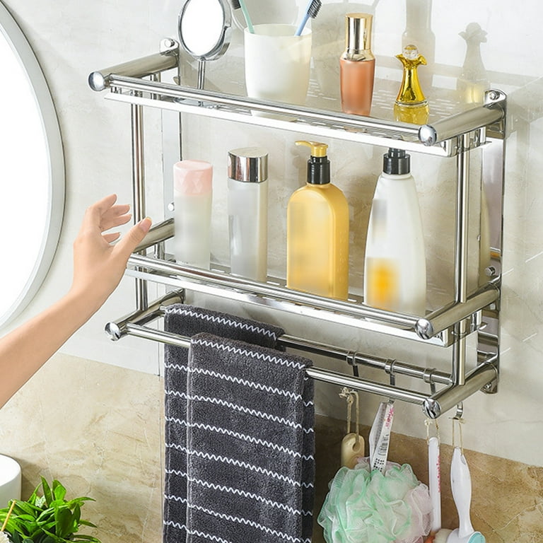 Double-Layer Shower Shelf with 2 Towel Bar 4 Hooks No Drilling Adhesive Bathroom Shelf Organizer Wall Mounted Shower Storage Rack for Toilet Dorm