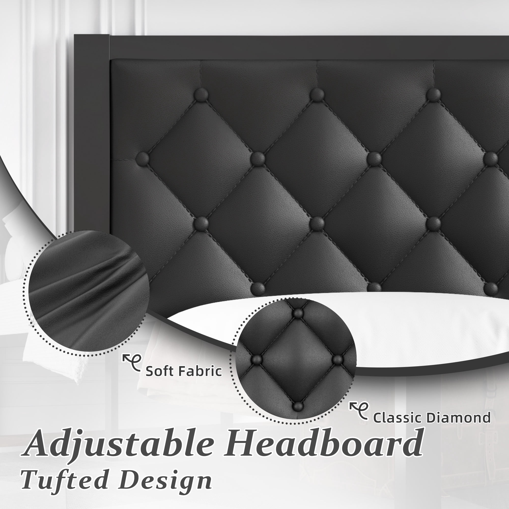Bed Frame with Headboard PU Leather Upholstered, All Metal Slats Support Platform, Queen, Black