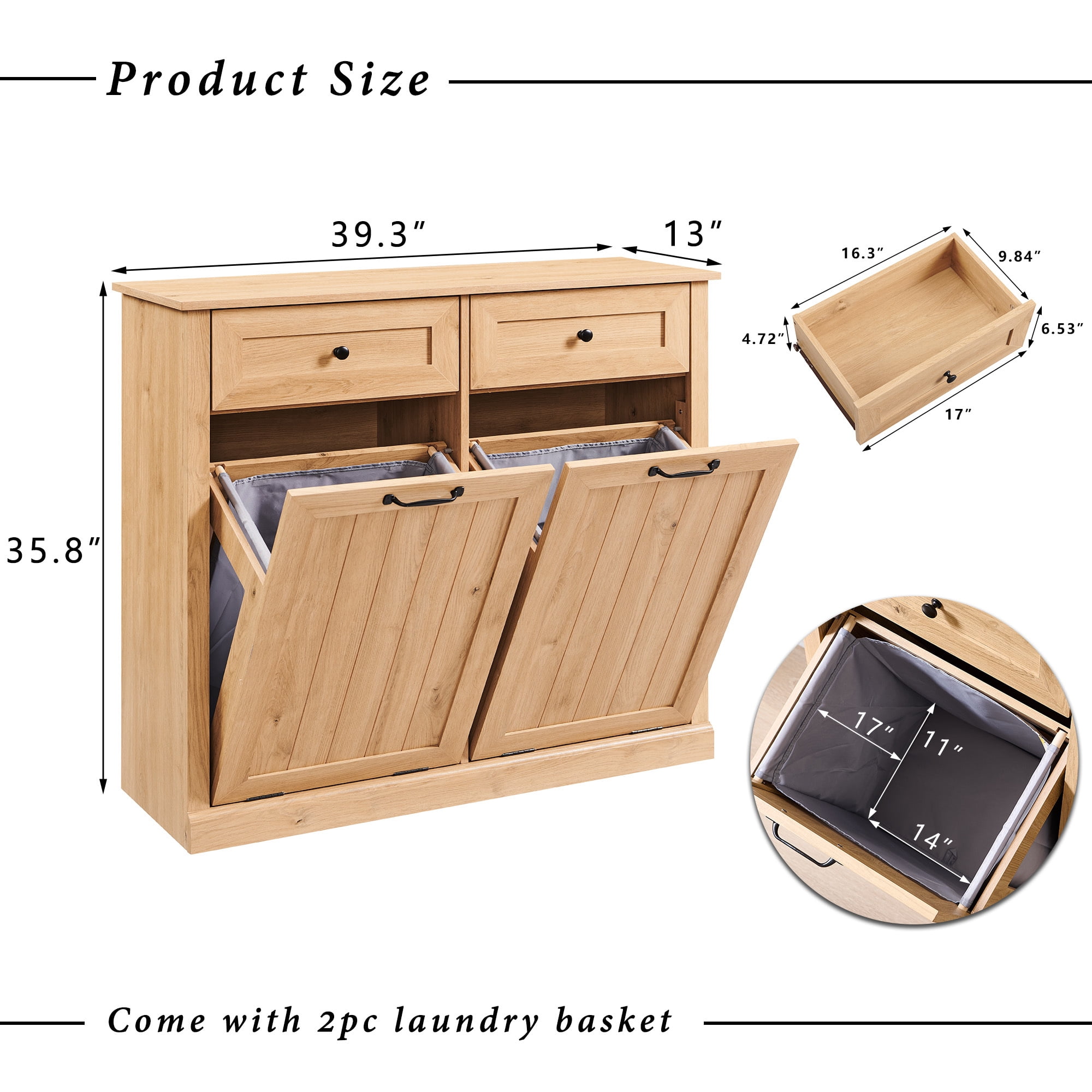 Double Tilt Out Trash Cabinet, 20 Gallon Farmhouse Laundry Hamper Cabinet with 2 Drawers, Storage Basket for Kitchen, Living Room, Natural