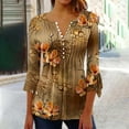 thumbnail image 2 of YABCSAZ Women's 3/4 Sleeve T-shirts Floral Printed Henley Shirts V Neck Pleated Casual Flare Tunic Blouse Tops, 2 of 4