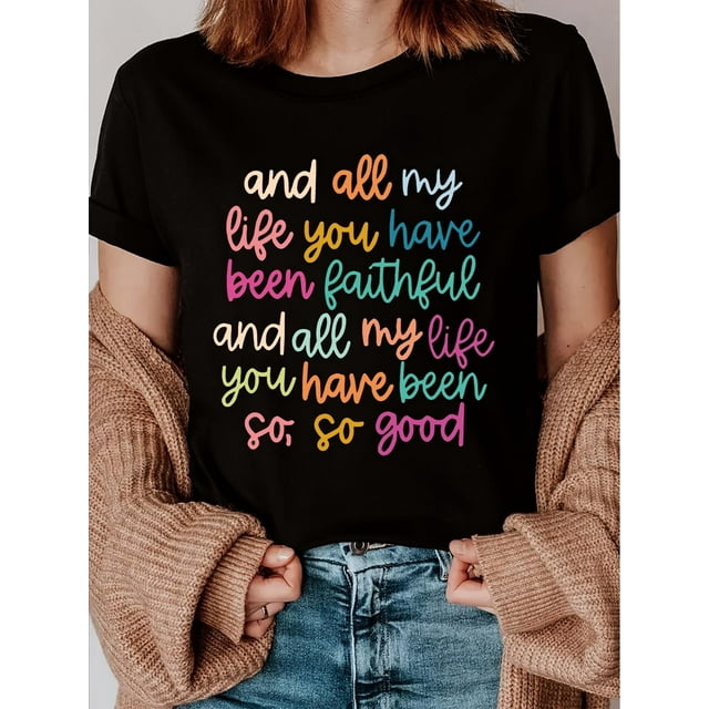 Faith-Inspired Alphabet Print Crew Neck T-Shirt, Casual Polyester Knit Fabric Tee, Regular Length, with Inspirational Message for All SeasonsFather's Day, Mother's Day, New Year, Spring Festival, Va