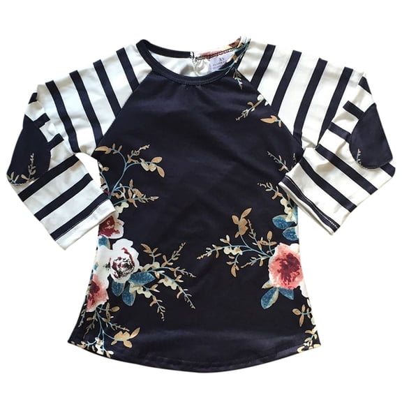 Toddler Girls Floral Stripe Holiday Party Fall Raglan Top T-Shirt Tee Blouse Navy 2T XS (P201809P)
