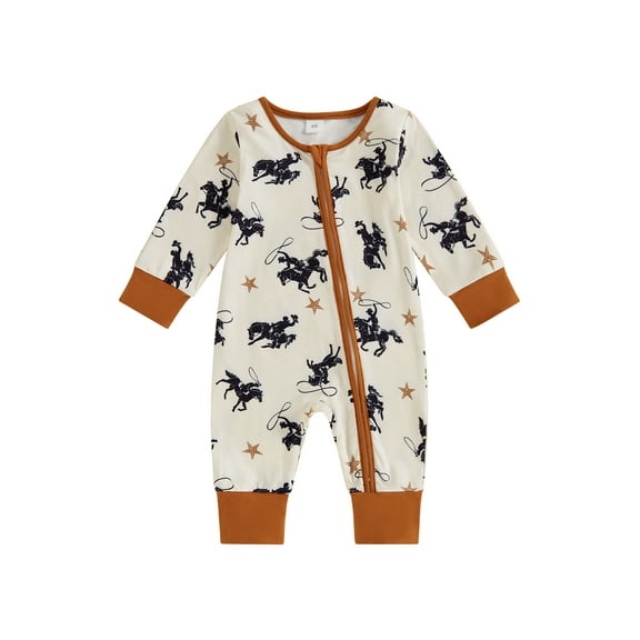Spewahor Infant Baby Boy Fall Romper 0 3 6 12 Months Casual Western Cowboy Print Long Sleeve Jumpsuit
