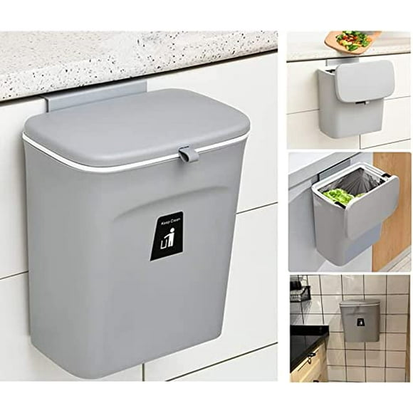 Jinsinto Kitchen Compost Bin - 9L - Countertop or Under Sink Trash Can, Small Hanging Trash Can with Lid for Bathroom/Bedroom (Grey)