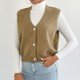 thumbnail image 1 of Suéter sin mangas para mujer, blusa de punto con cuello en V de color liso y botones, 1 of 9