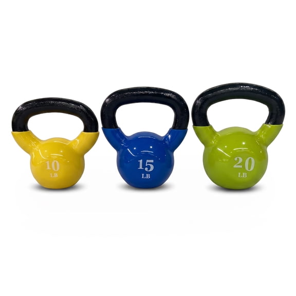 Fitvids Vinyl-Coated Kettlebell Exercise Weights, Set of 10, 15, and 20 lb, Multicolor