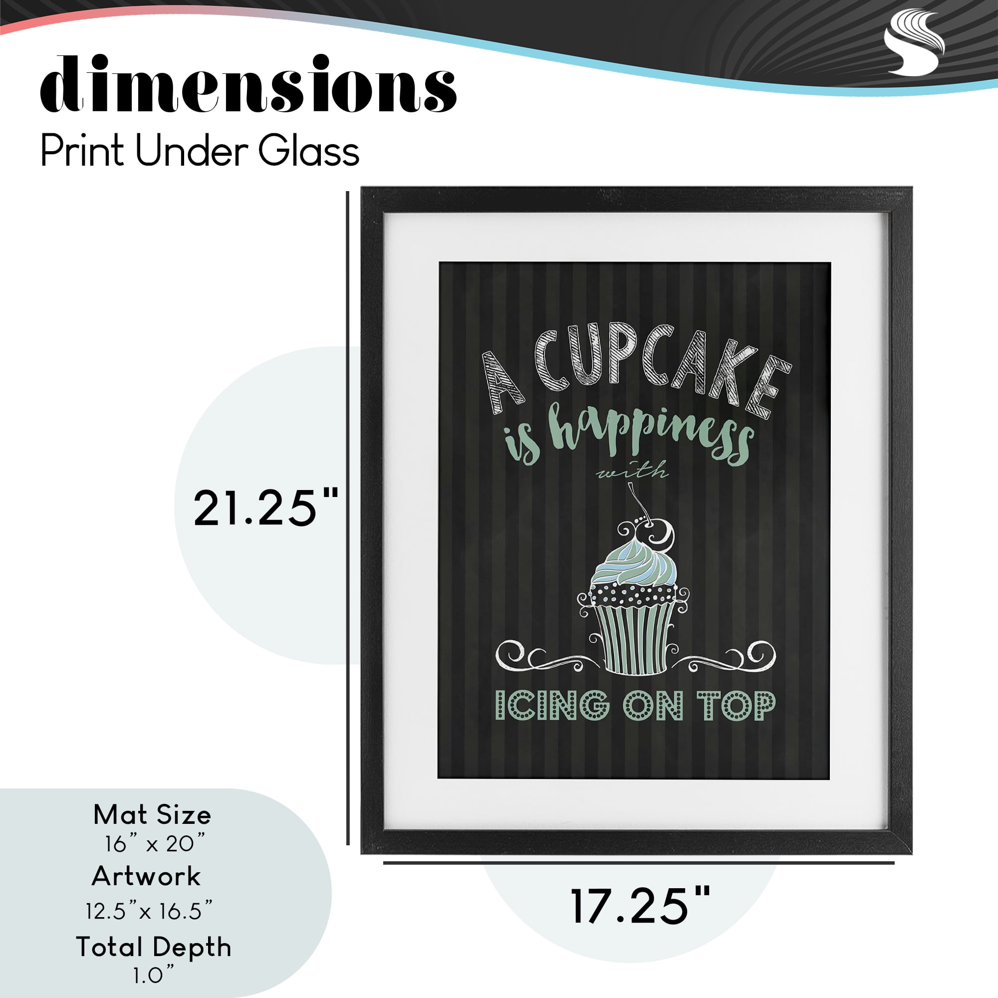Cupcake Is Happiness with Icing Black Framed Print Under Glass, design by Lettered and Lined