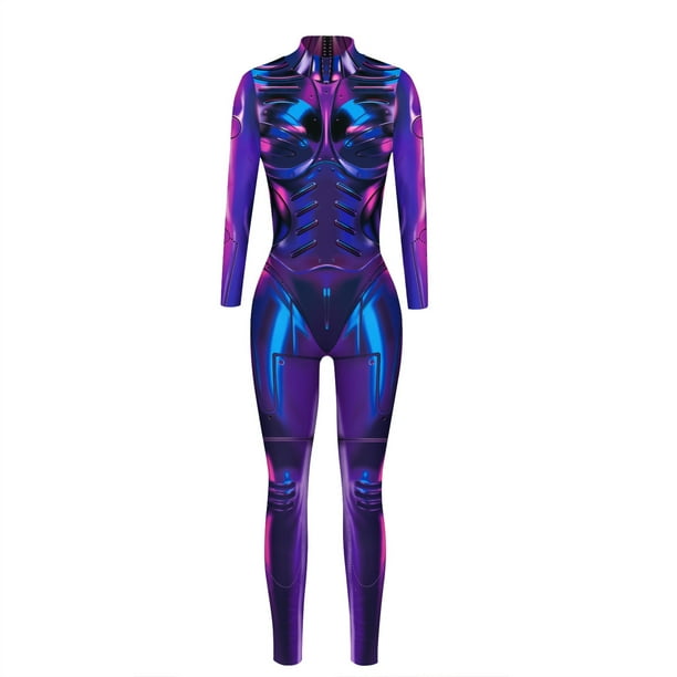 Gibobby pantalones siameses Mono de Halloween para mujer Cool Sexy Tech Estético Estampado de manga larga Body(Morado, L)