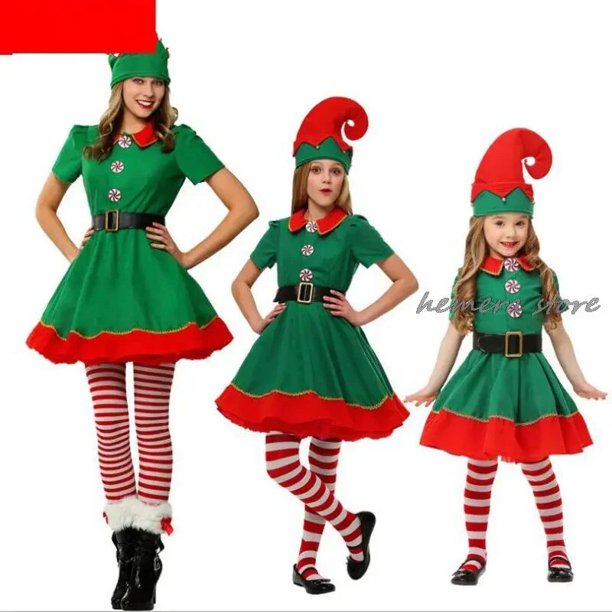 Disfraces de elfo de Navidad para mujer y niña, Vestido de manga larga y cinturón, sombrero, zapatos, medias a rayas, fiesta de rol, Cosplay, envío directo