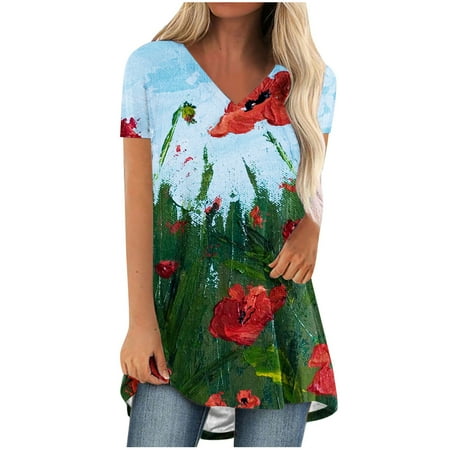 

Long Sleeve Shirts for Women Womens Long Sleeve Tops Women s Trendy Leisure V-Neck Flower Loose Fit Painting Painting Short Sleeve T-Shirt Top Blouse Workout Tops Workout Tank Tops for Women