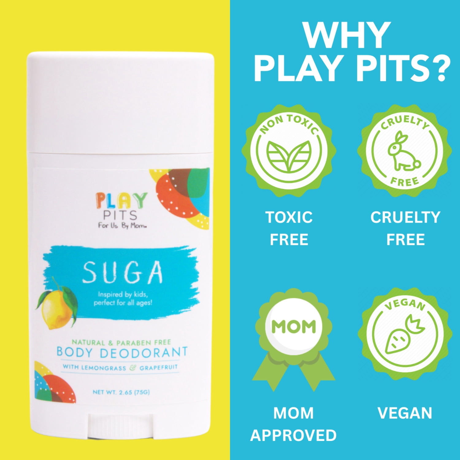 Play Pits – Natural Kids Whole Body Deodorant – Suga Scent – Infused W/Lemon Essential Oils -2pk