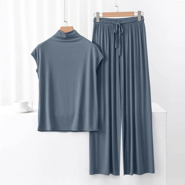 Ensembles 2 Pcs pour Femmes Ensembles d'Été de Détente Tenues Hauts Sans Manches à Col Montant Pantalons à Jambes Larges Taille Haute Pyjamas pour Femmes Ensemble