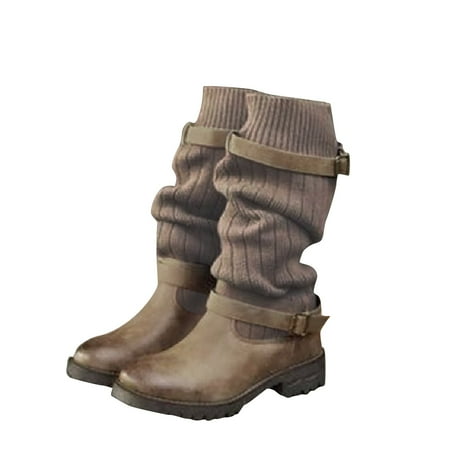 

SQUARE HEAD Boots For Women Winter And Autumn Long Thick Heel Antiskid Wool Sock Shoes Brown 36