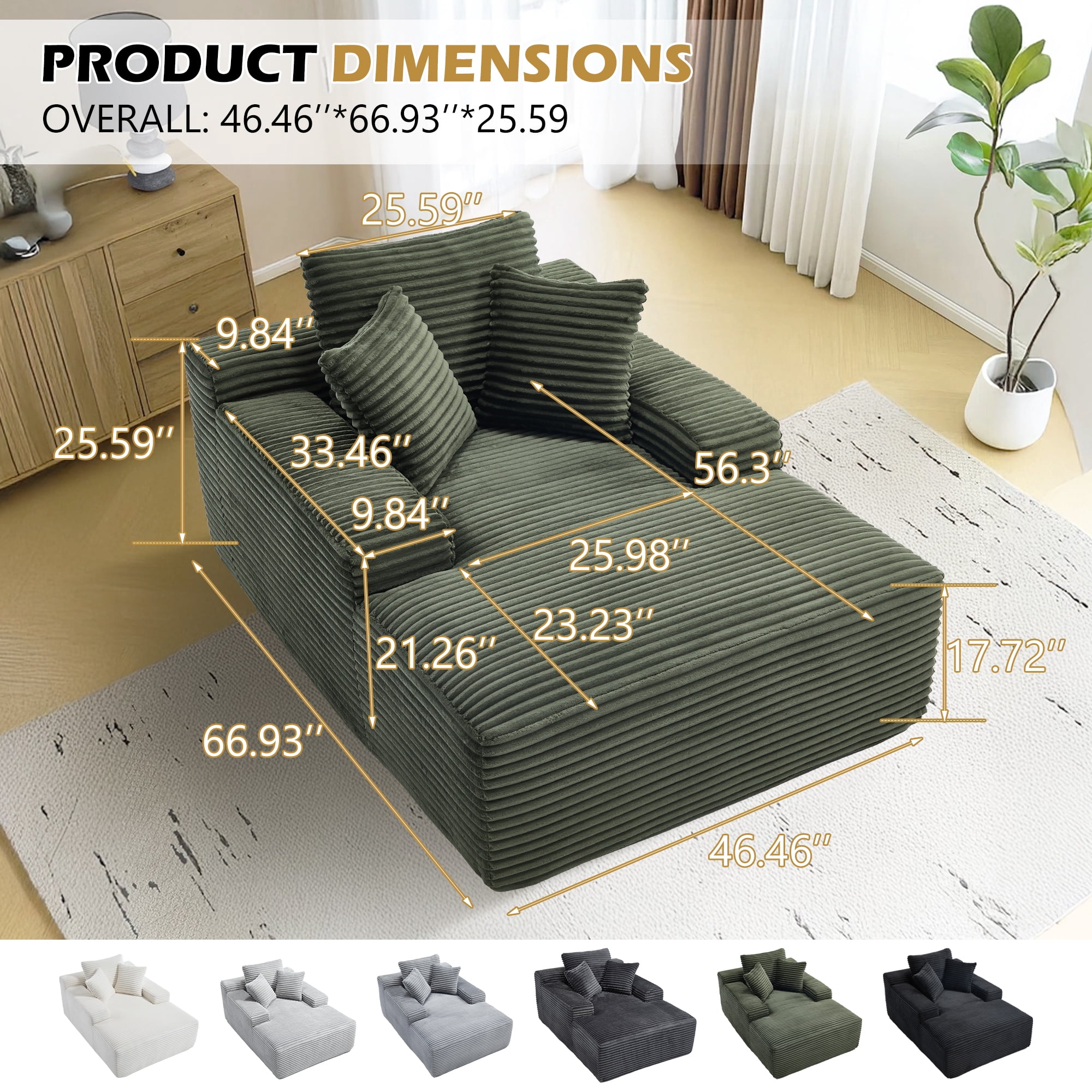 Gewnee Oversized Corduroy Sofa Bed, No Assembly Required, Sturdy & Durable, Equipped with 3 Soft Pillows, Ideal for Living Room，Green