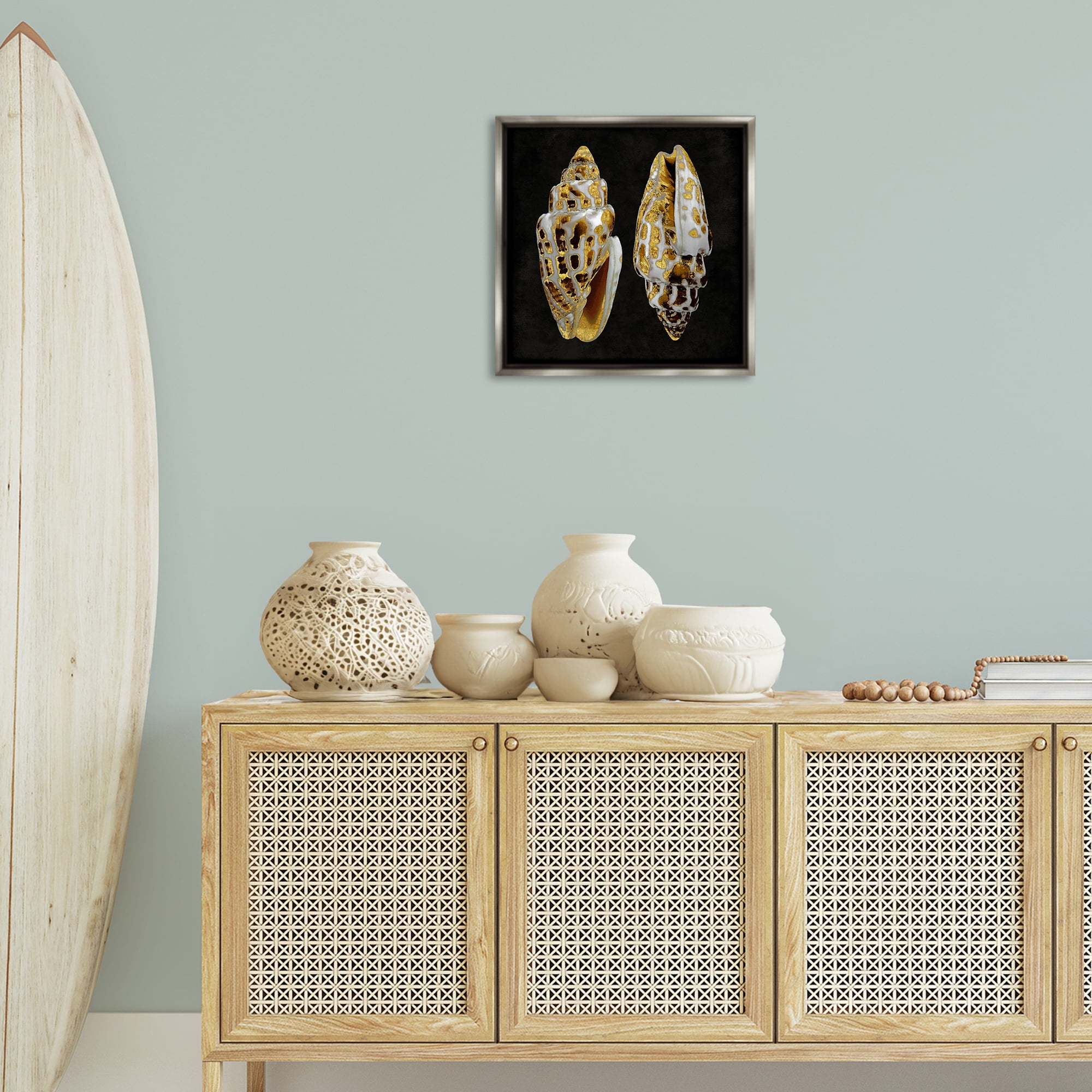 Stupell Industries Spotted Cowrie Shells Nautical & Beach Painting Gray Floater Framed Canvas Art Print Wall Art, 18 x 18