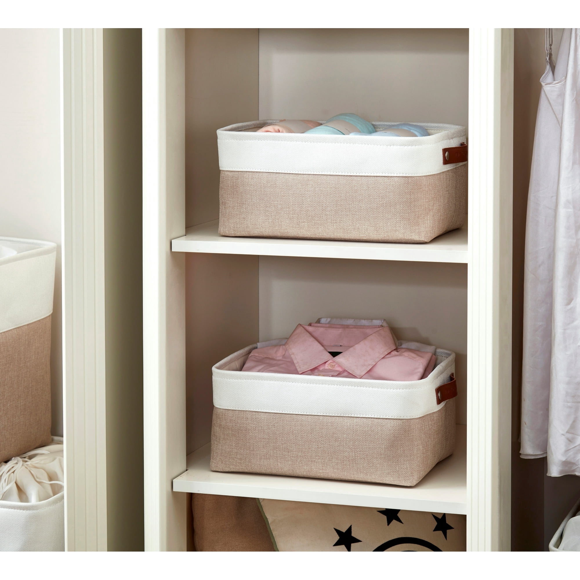 DECOMOMO Medium Decorative Durable Fabric Storage Baskets and Bins, Beige and White, Set of 3
