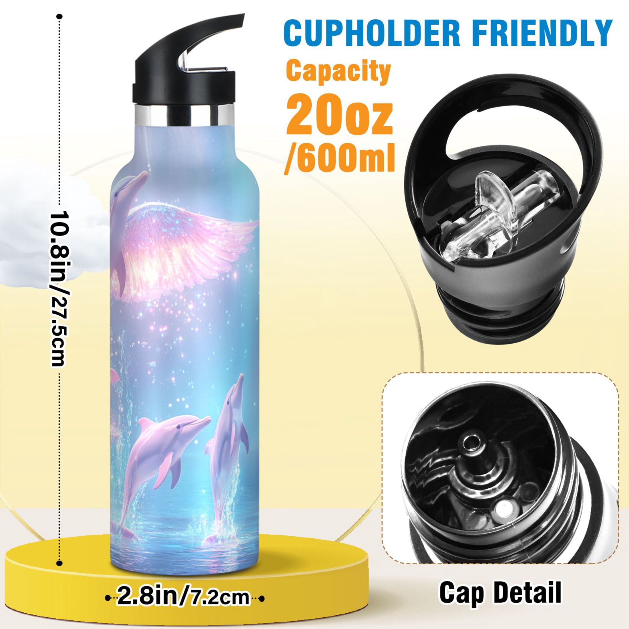 Kids Insulated Stainless Steel Sports Water Bottle 600ml (20oz) Dolphins and Birds