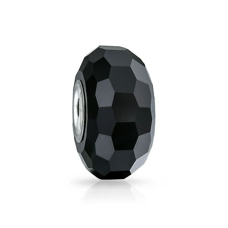 Faceted Brick (Solid Black Faceted Murano Glass 925 Sterling Silver Core Spacer Bead Fits European Charm Bracelet For Women For)