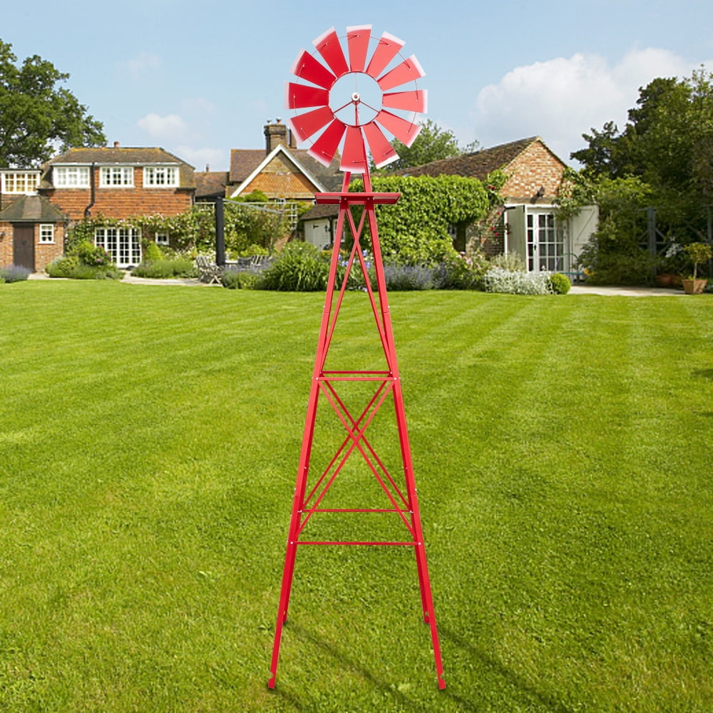 8 Ft Tall Windmill Garden Sculpture Statue Rotating Wheel Spinner & Weather Vane 