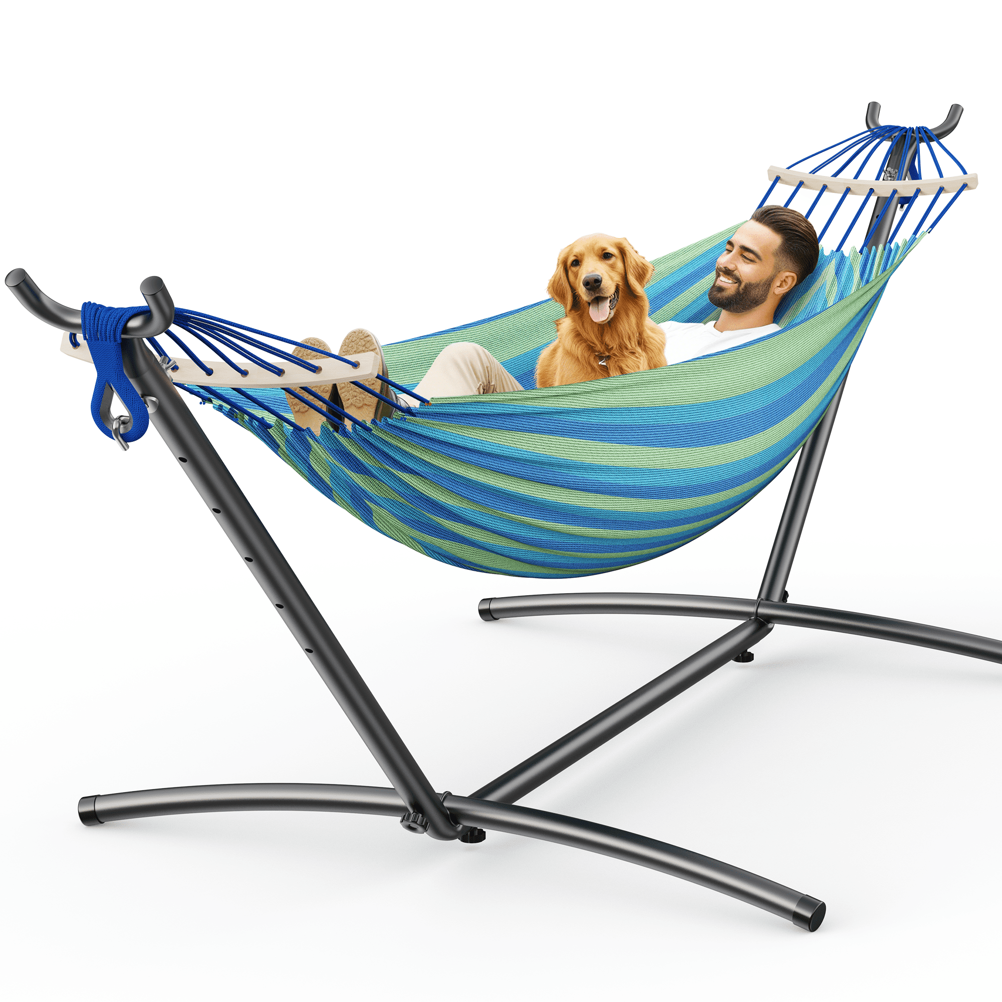 KEESTP Comfortable 2 Person Hammock with Stand,Ease of Assembly Portable Brazilian Hammock,450lb Capacity - Wideblue