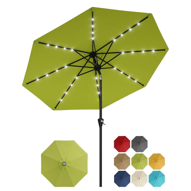 10FT Solar Patio Umbrella with 32 LED Lights – UV Protection, 8 Sturdy Ribs – Crank Lift, Push Button Tilt – Outdoor Market Table Umbrella for Patio, Garden, Pool