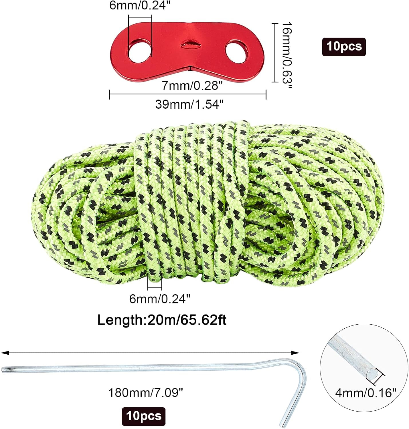 10pcs Aluminum Alloy Tent Tensioners Rope Adjuster with 10pcs Iron Camping Tent Pegs and 20m Nylon Reflective Tent Rope Camping Cord for Tent Hiking Camping Colorful