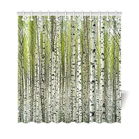 RYLABLUE Home Bath Decor Fabric Green Birch Tree Shower Curtain Hooks ...