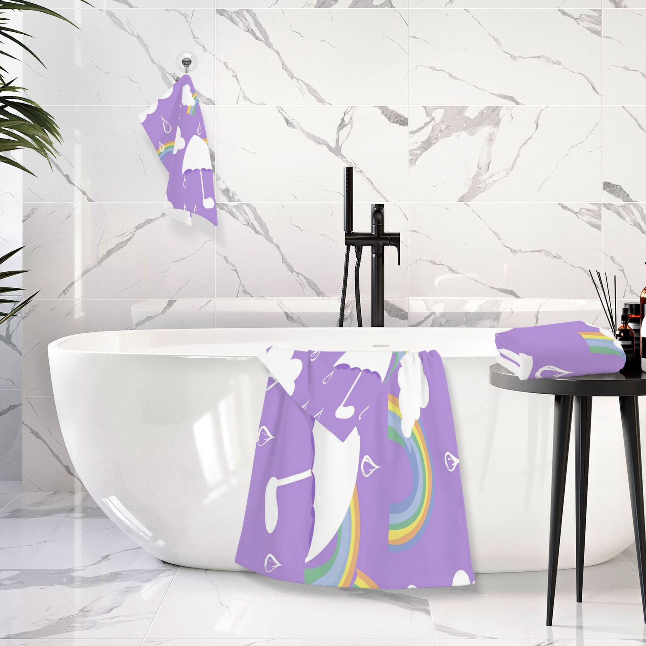 Cloud Umbrella and Rainbow 2 Piece Cotton Bath and Face Towel Set Soft and Absorbent, for Beach Pool Bathroom
