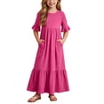 thumbnail image 3 of Busydd Girls Maxi Dress 4-14 Years Casual Short Sleeves Ruffle Hem Girls Dresses Fashion Tiered Solid Color Flowy Long Dress with Pockets 4-5 Years, 3 of 8