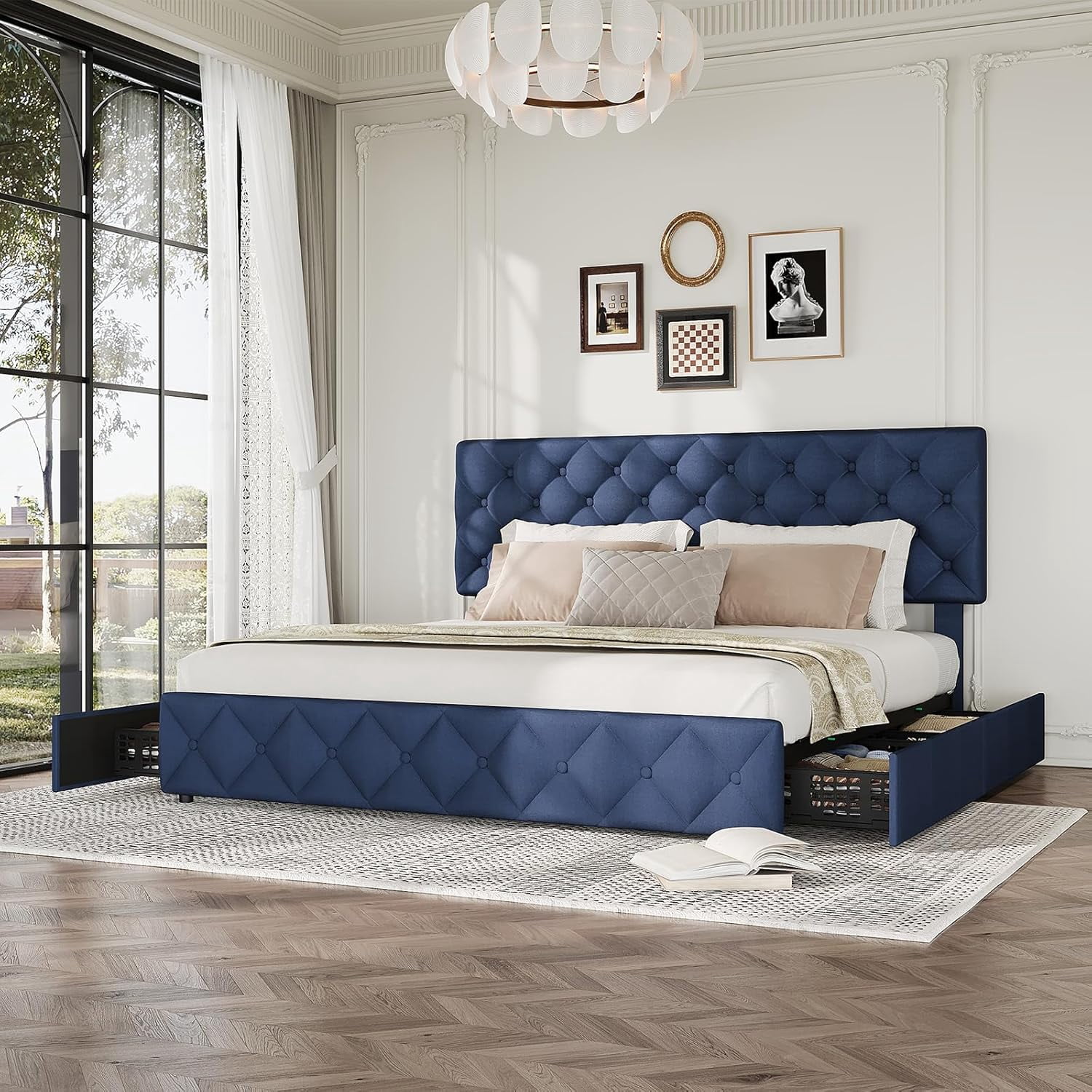 Eastvita King Size Bed Frame with 4 Storage Drawers & Adjustable Headboard, Blue