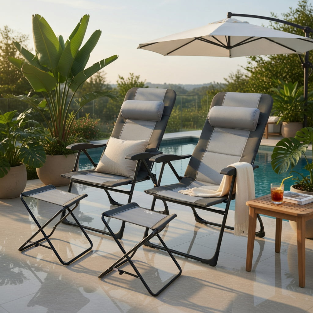 Hommoo Patiojoy 2-Piece Folding Patio Dining Chair Set with Matching Ottomans, Adjustable Reclining Steel Frame, Breathable Oxford Fabric, Outdoor Seating for Deck, Poolside & Lawn, Gray