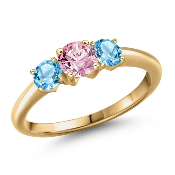 Gem Stone King 18K Yellow Gold Plated Silver Pink Lab Grown Diamond and Swiss Blue Topaz Engagement Ring for Women | 1.21 Cttw | Round 5MM | Gemstone April Birthstone | Size 9