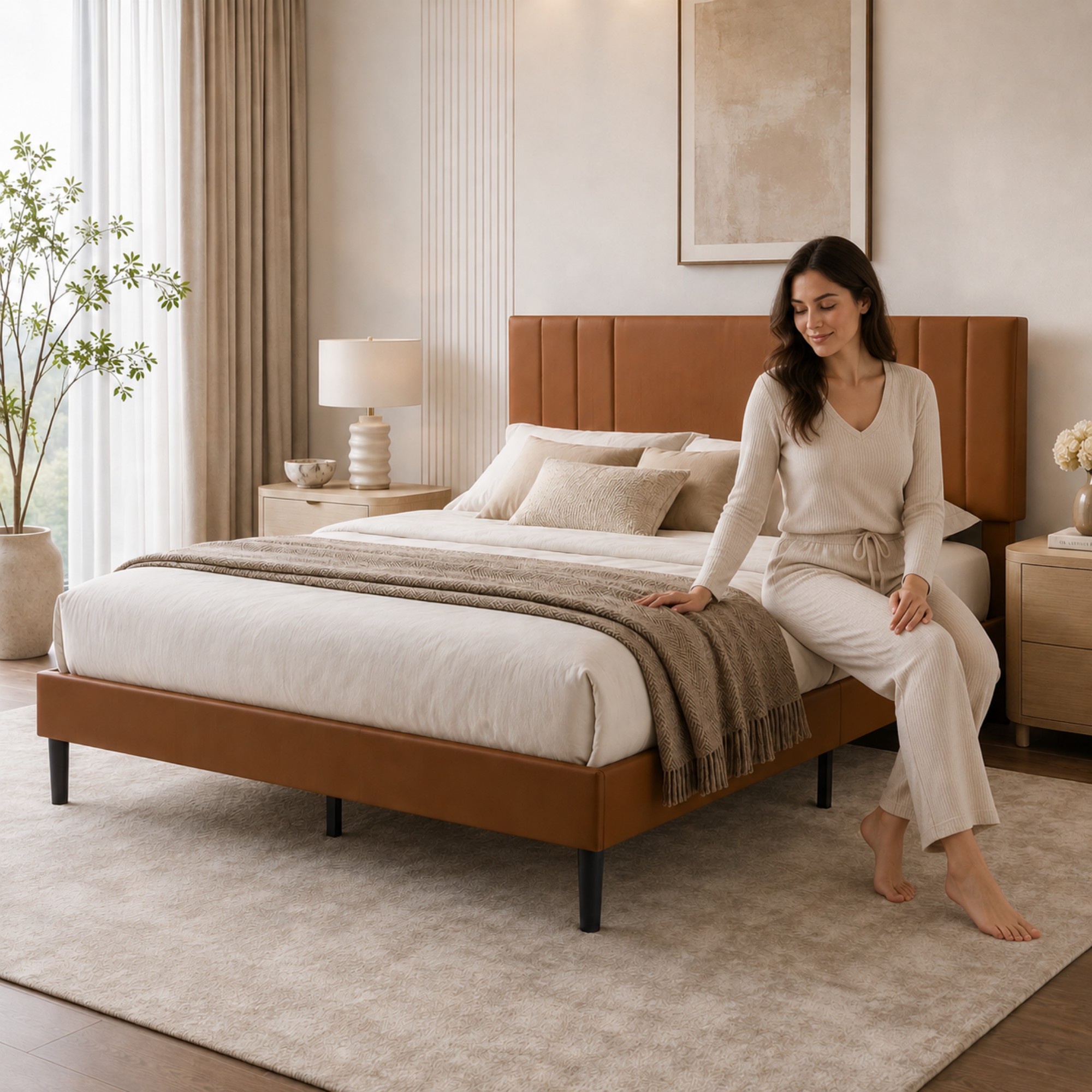 BSHTI Queen Size Faux Leather Upholstered Platform Bed Frame with Adjustable Headboard, Wood Slats, No Box Spring Needed for Bedroom（Brown）
