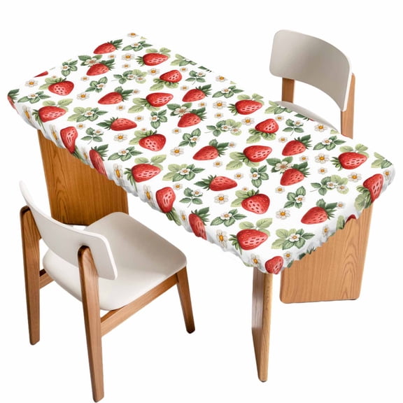 Red Strawberry Table Cloths for 6 Foot Rectangle Tables, Summer Fruits Farmhouse Leaves Floral Rustic Patio Waterproof Elastic Fitted Tablecloths, Washable Rectangular Table Cover for Camping