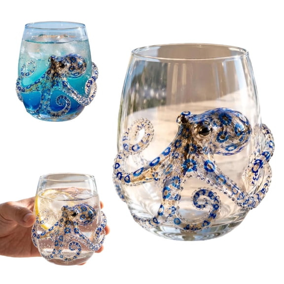 Artisanal Blue Ringed Octopus Glassware 12oz, 3D Octopuses Stemless Wine Glasses, Handcrafted Marine Animal Bar Glass, Coastal Home Decor Gift for Ocean Lovers (Octopus)