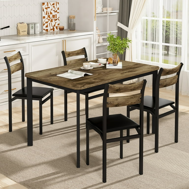 LTTROMAT Rectangle Wooden Dining Table Set for 4 with PU Leather
