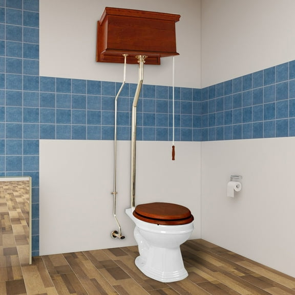 Renovators Supply High Tank Pull Chain Toilet w/Light Mahogany Wooden Flat High Tank 70" to 74" Adjustable Height Brass L Pipe and Elongated Toilet Bowl