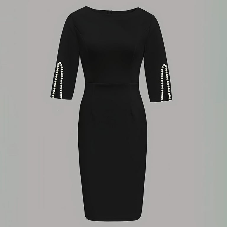 MORTTIC Women's Classic Pearl-Embellished Bodycon Dress - Elegant Crew  Neck, Back Zipper & Split Sleeve Formal Dress - Walmart.com