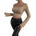 thumbnail image 2 of BEAFNKSG Women Flare Long Sleeve Crop Tops Low Cut Slim Ribbed Cropped Tee Basic Blouse Streetwear, 2 of 6