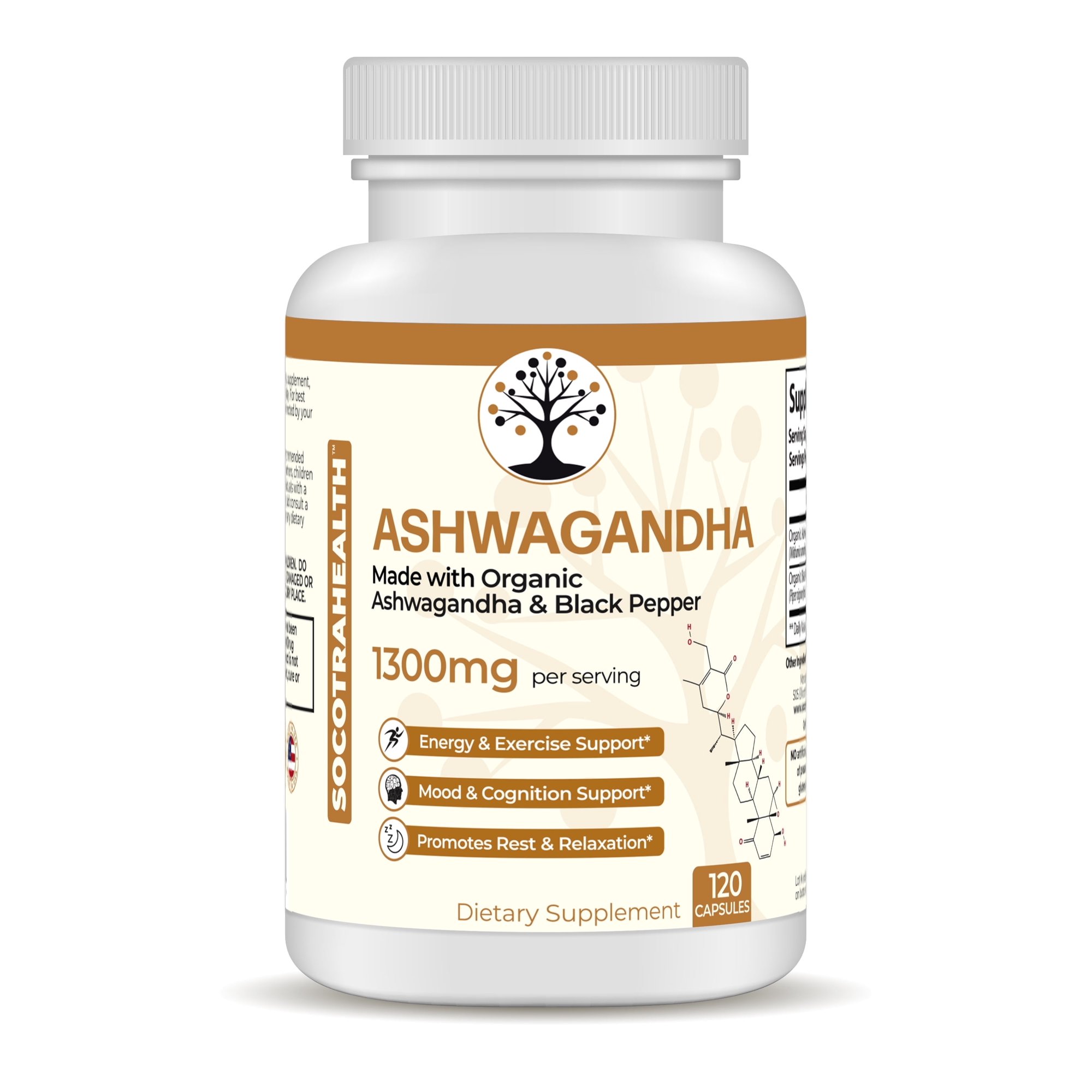 Socotra Health Ashwagandha with Black Pepper - Certified Organic, Non-GMO, Gluten-Free - Supports Mood and Energy, Supports Rest and Relaxation - 120 Vegan Capsules