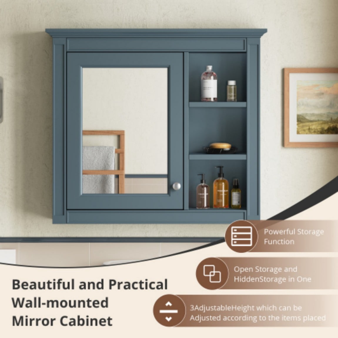30"x 28" Wall Mounted Bathroom Medicine Cabinet with Mirror, Bathroom Storage Cabinet with Adjustable Shelf & 3 Open Shelves, Modern MDF Mirror Cabinet, Blue