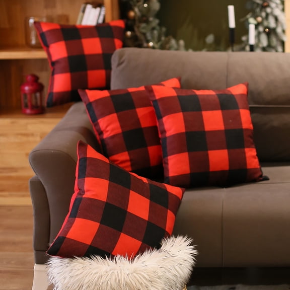 Christmas Plaid Decorative Throw Pillow Set of 4 Square 18 in. x 18 in. Red for Couch, Bedding