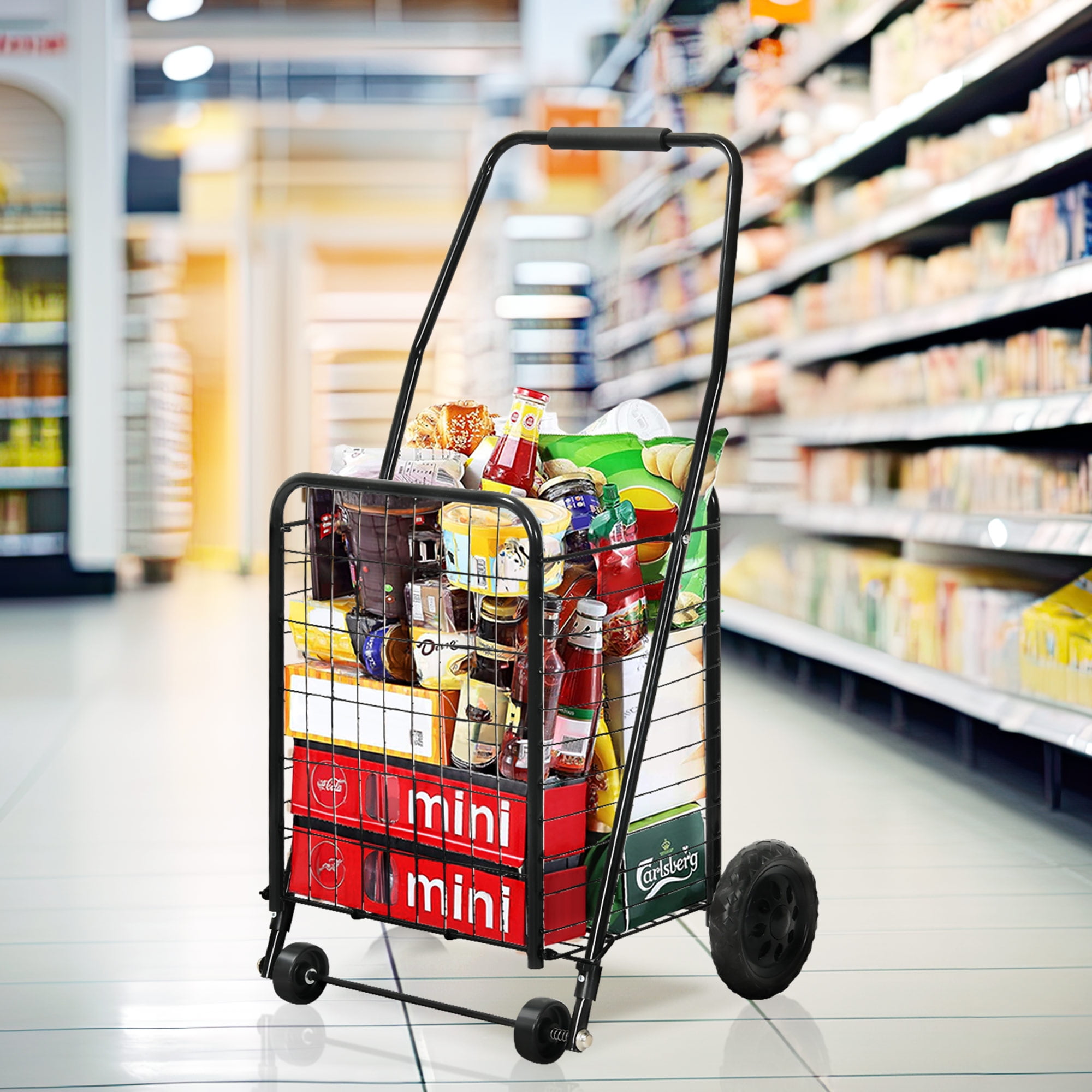 DEXTRUS Metal Folding Shopping Cart, Heavy Duty Rolling Grocery Cart with Lockable Wheels and Adjustable Handle