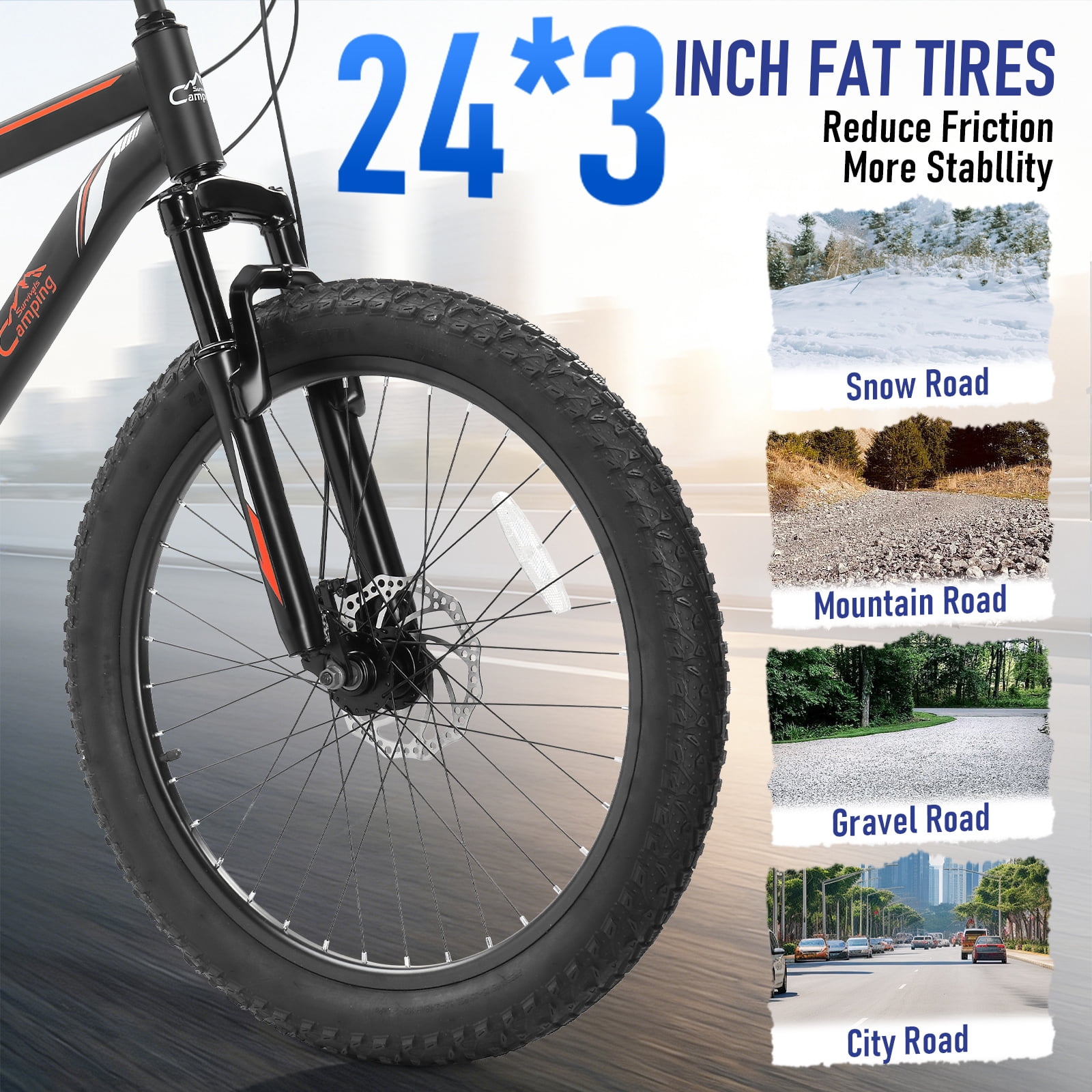 Ktaxon 24 Inch Fat Tire Mountain Bike 7 Speed, Dual Disc Brakes, Twist Shifter Bike for 5'4"+, Black