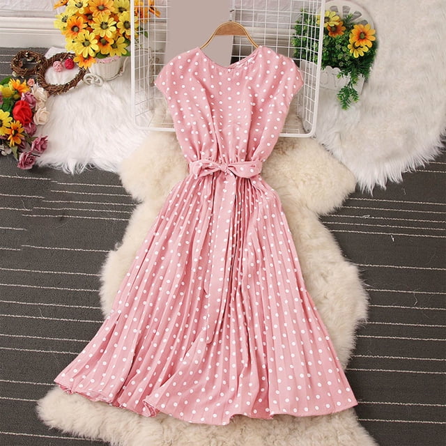 Robe d'Été pour Femmes 2024 Mode Grande Taille Jupe Mi-Longue Robe à Manches Courtes avec Pois Robe Plissée Rabais de 50 % Liquidation!